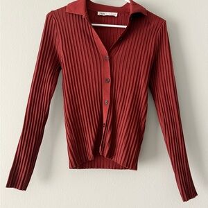 Zara Women's Burgundy Ribbed Cardigan